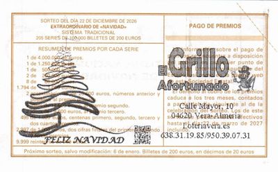 Reverso del d&eacute;cimo 94834 con el sello de la Administraci&oacute;n &laquo;El Grillo Afortunado&raquo;, en Vera